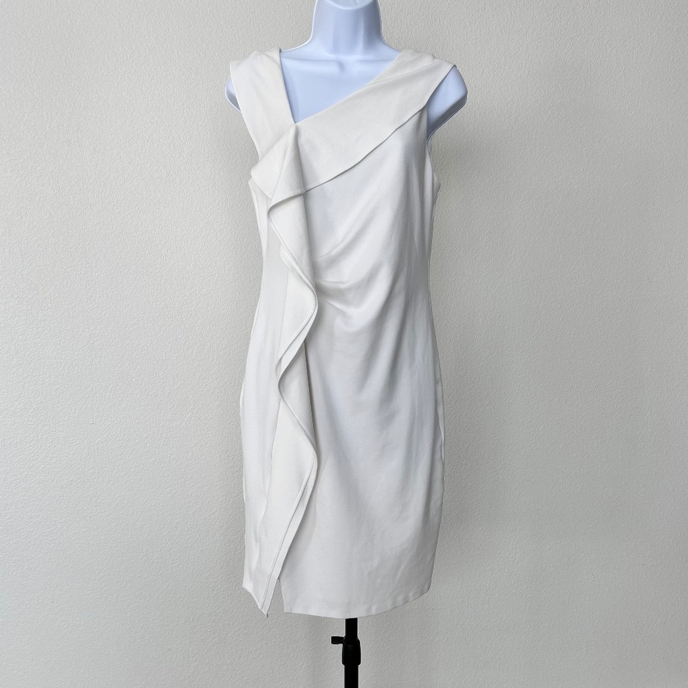 Halston Ruffle Sheath Dress ivory sz 8